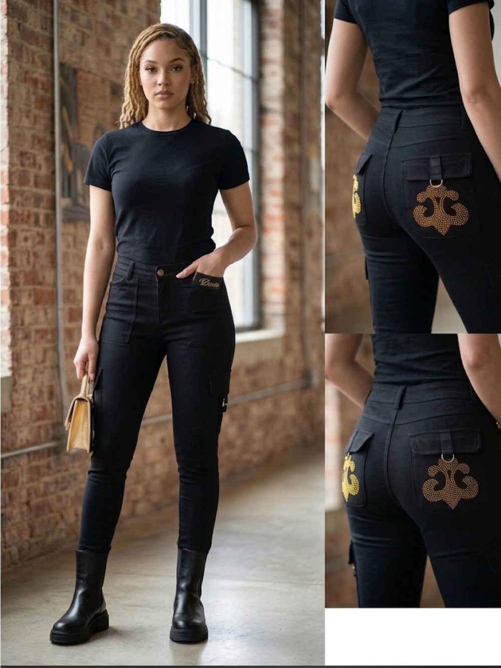VINTAGE House of Dereon Beyoncé Black Cargo Pants - Y2K Gold Studded - Size 7/8